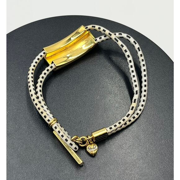 Juicy Couture Cord Elastic Stretch Bracelet Black & White Gold Tone Identity Tag - Picture 6 of 6